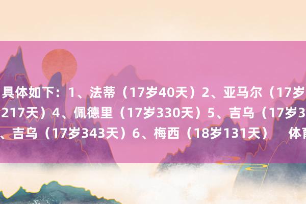 具体如下：1、法蒂（17岁40天）2、亚马尔（17岁68天）3、博扬（17岁217天）4、佩德里（17岁330天）5、吉乌（17岁343天）6、梅西（18岁131天）    体育最新信息